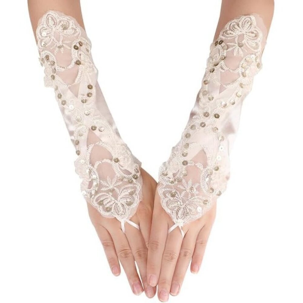 Women's A-Champagne Sequins Beads Fingerless Satin Gloves Party Prom Accessories